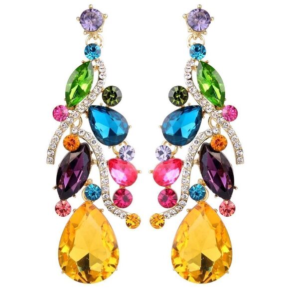 Yellow Gold with Multicolored Austrian Crystal Teardrop Chandelier Earrings